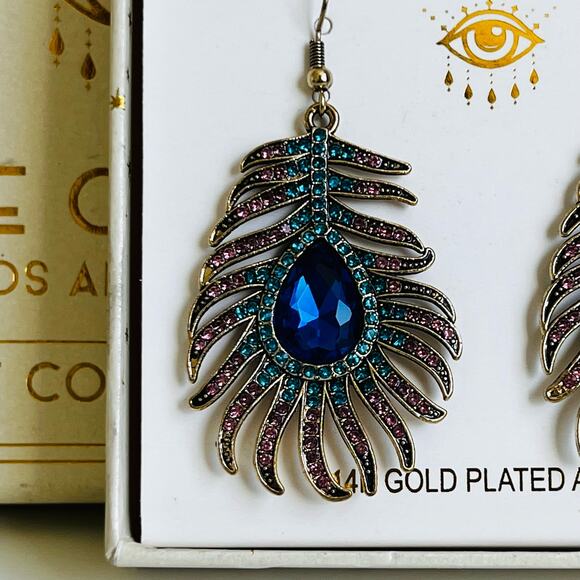 New Eye Candy LA Sidra Peacock Feather Earrings - Picture 3 of 5